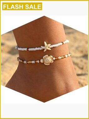 Gold Shell Anklet Set with Pearl Beads Starfish Conch Seashell Adjustable